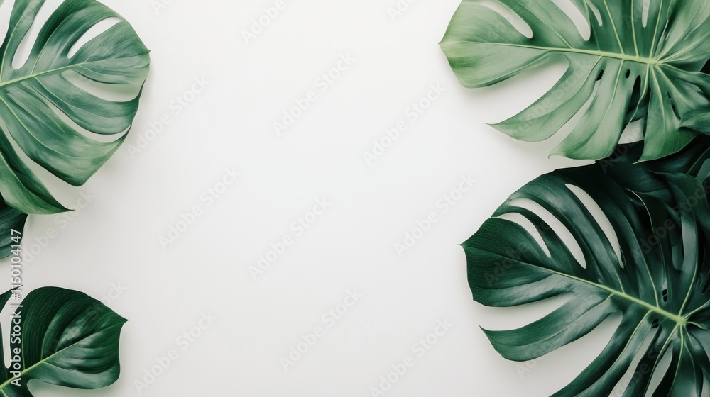 Fototapeta premium Lush green monstera leaves frame on white background.