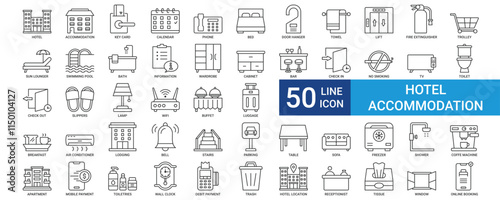 Hotel accommodation icon collection set with key card, calendar, Bed, Bath, Toilet