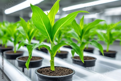 A GMO research facility with rows of genetically modified corn plants growing in glass tubes, each with a unique identifier tag