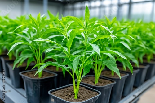 A GMO research facility with rows of genetically modified corn plants growing in glass tubes, each with a unique identifier tag