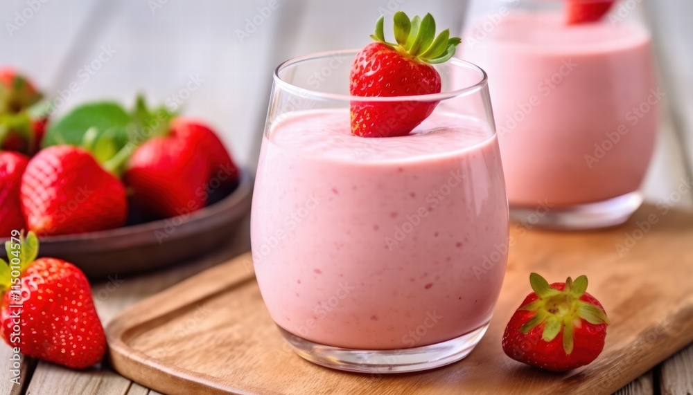 Fresh Strawberry Smoothie in Glass with Strawberries on Wooden Serving Board and Soft Focus Background of Natural Setting