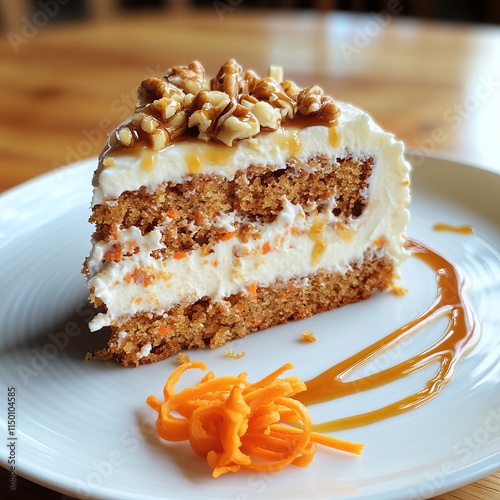 A delectable and fluffy carrot cake with cream cheese frosting and a sprinkle of chopped walnuts, served on a white plate, Carrot cake centered photo