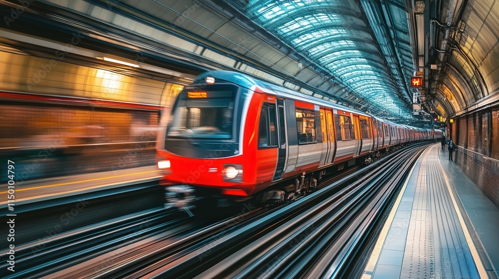 Naklejka premium A fast-paced 4K photo of a subway train rushing through a tunnel, the blurred effect capturing its relentless speed