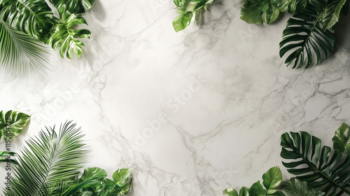 Tropical Leaves Framing Marble Background: Nature Meets Luxury