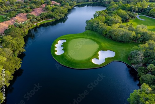 A breathtaking aerial view of a championship golf course with sprawling greens, sand traps, and winding paths