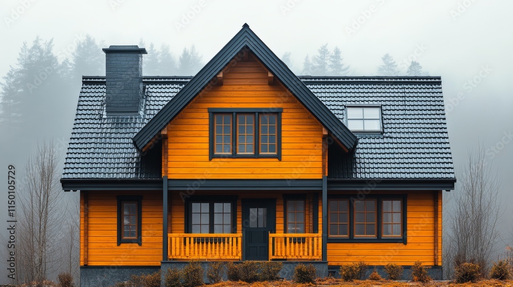 Charming orange wooden house set against a misty forest backdrop during a cloudy day Charming orange wooden house set against a misty forest backdrop during a cloudy day