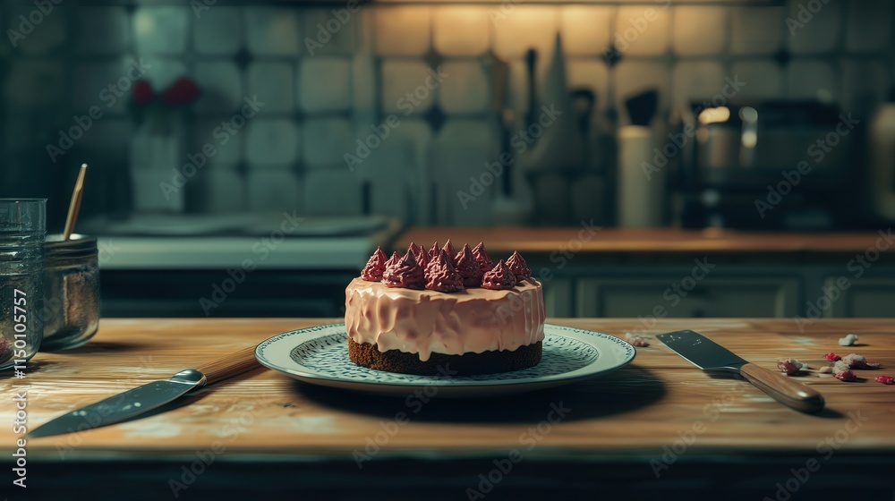 A focused scene showing a cake plate, practice piping tool, and knife, each element placed with care in a 4K image that highlights every detail A focused scene showing a cake plate, practice piping tool, and knife, each element placed with care in a 4K image that highlights every detail