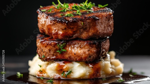 Two succulent grilled steaks are stacked atop a mound of buttery mashed potatoes, garnished with fresh herbs, and drizzled with a rich savory sauce. photo