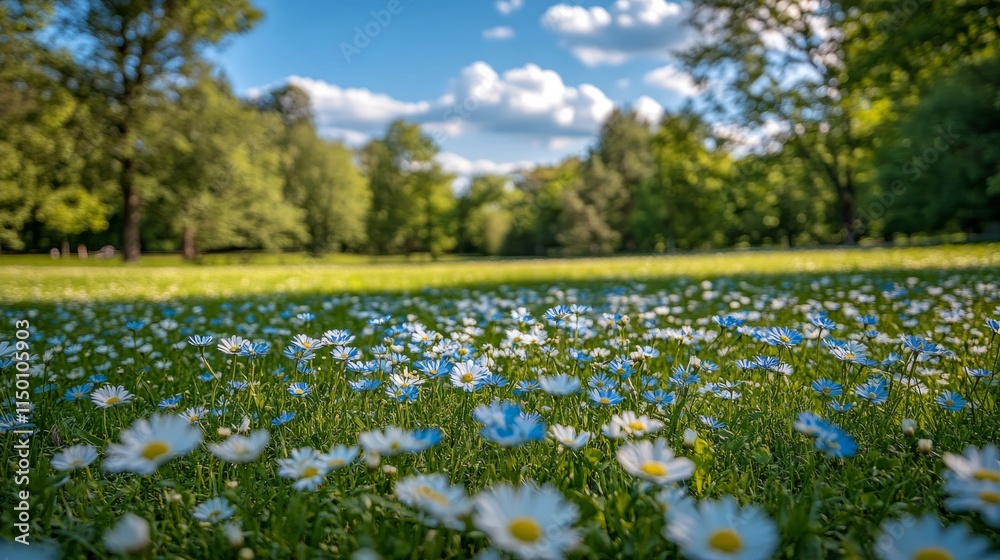 Fototapeta premium Vibrant wildflowers bloom in a lush green park under a blue sky with fluffy clouds