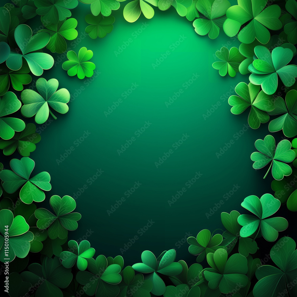 Square abstract background in shades of green, symbolizing St. Patrick's Day, clover patterns, copy space, place for text