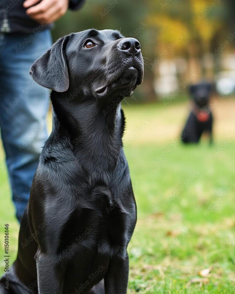 A black dog sits attentively in a grassy area, with another dog in the background. A black dog sits attentively in a grassy area, with another dog in the background.