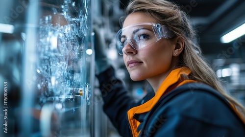 A woman wearing safety glasses works carefully in an industrial setting, examining complex machinery, showcasing focus, precision, and modern technology. photo