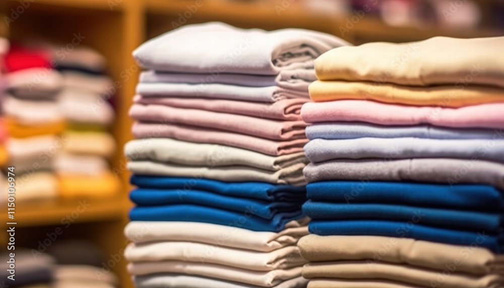 Colorful Stack of Cotton Fabrics Displayed Neatly in a Retail Store with Soft Textures and Vibrant Hues for Fashion and Craft Projects Colorful Stack of Cotton Fabrics Displayed Neatly in a Retail Store with Soft Textures and Vibrant Hues for Fashion and Craft Projects