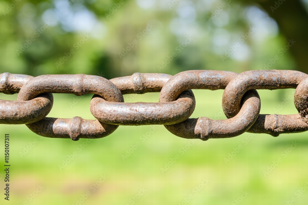 Rusty Chain Link Close-Up with Natural Soft Green Background Rusty Chain Link Close-Up with Natural Soft Green Background
