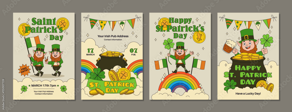 Fototapeta premium Patrick day cards. Irish beer festival elements, leprechaun dwarves, groovy cartoon characters, rainbow, golds pot, clover, party invitation design. Cartoon flat isolated tidy vector set