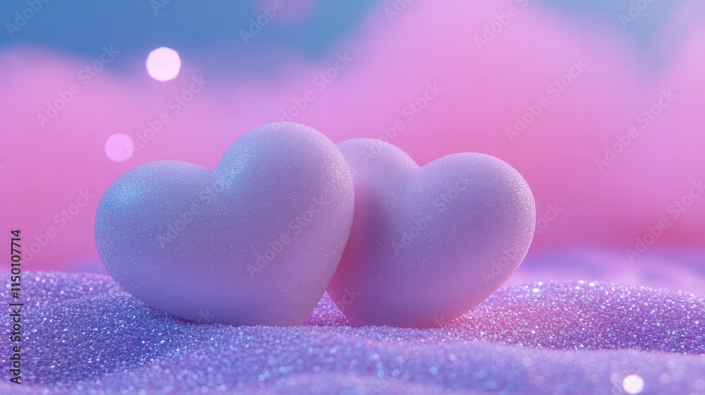Fototapeta premium Romantic Pink Hearts on Sparkling Surface with Soft Background