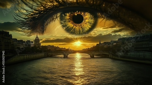 France golden capital, seen from the bridge, glows softly under a radiant sunset, with its majestic buildings casting reflections over the gentle Seine