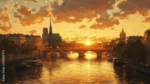 France golden capital, seen from the bridge, glows softly under a radiant sunset, with its majestic buildings casting reflections over the gentle Seine