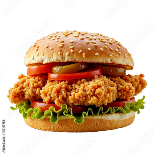 Crispy fried chicken sandwich with lettuce tomato pickle on sesame seed bun photo