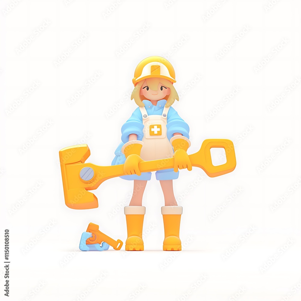 Cartoon Character Holding Large Wrench in Playful Workshop Setting