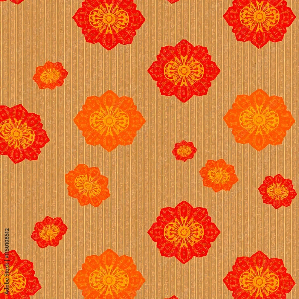 Orange Mandala Pattern on Kraft Paper: A vibrant and graphic seamless pattern with bold orange and yellow mandalas on a brown kraft paper background. Perfect for packaging, textiles, and decor. Orange Mandala Pattern on Kraft Paper: A vibrant and graphic seamless pattern with bold orange and yellow mandalas on a brown kraft paper background. Perfect for packaging, textiles, and decor.