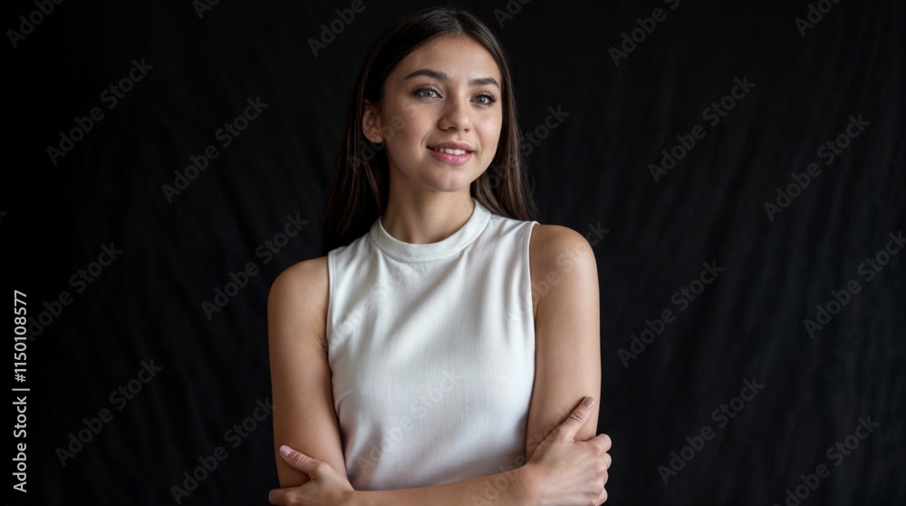 A beautiful girl wearing an elegant white sleeveless top and a beautiful smile on her face. He stands on a black background A beautiful girl wearing an elegant white sleeveless top and a beautiful smile on her face. He stands on a black background