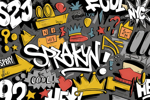 Dynamic Urban Graffiti Collage with Playful Monochrome Street Art Elements