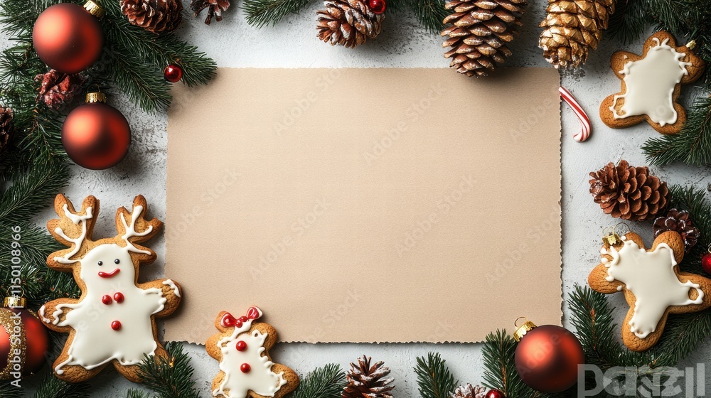 Fototapeta premium a brown grunge paper blank mockup in background on a white background with group of Christmas garland 