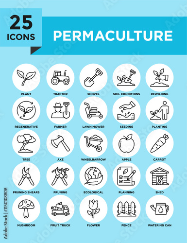 Permaculture icon collection set. Containing design organic, nature, permaculture, agriculture, garden, plant, green