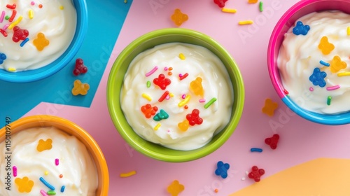 Colorful bowls of yogurt with sprinkles.