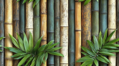 Seamless Pattern: Bamboo Wall Texture with Tropical Leaf Accents