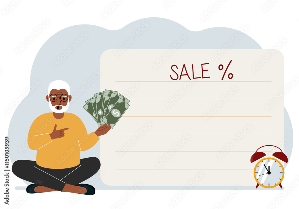The men sits cross-legged and holds a lot of cash. Nearby is a poster with the text sale and a percent sign. Sale, discount or black friday concept.