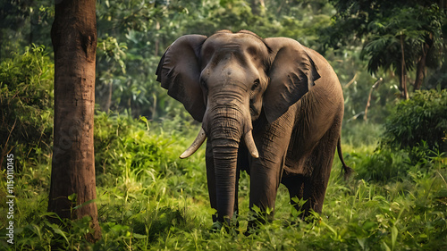 Majestic Indian elephant standing in a lush green forest , Elephant, India, Wildlife, Majestic, Forest, Trunk, Tusks, Mammal
