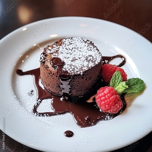 A delectable and fluffy chocolate soufflé with a rich, molten center, served with a light dusting of powdered sugar