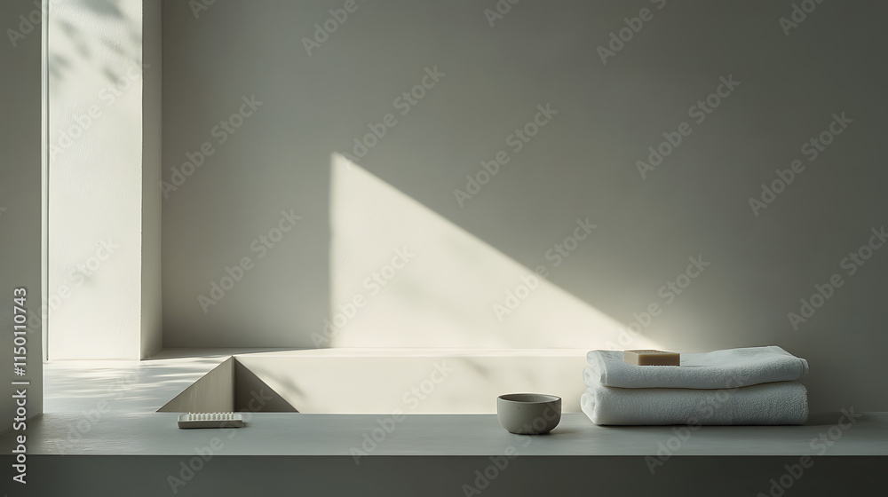 A minimalist bathroom with a rectangular bathtub neatly folded towels and a ceramic soap dish on the counter. A minimalist bathroom with a rectangular bathtub neatly folded towels and a ceramic soap dish on the counter.
