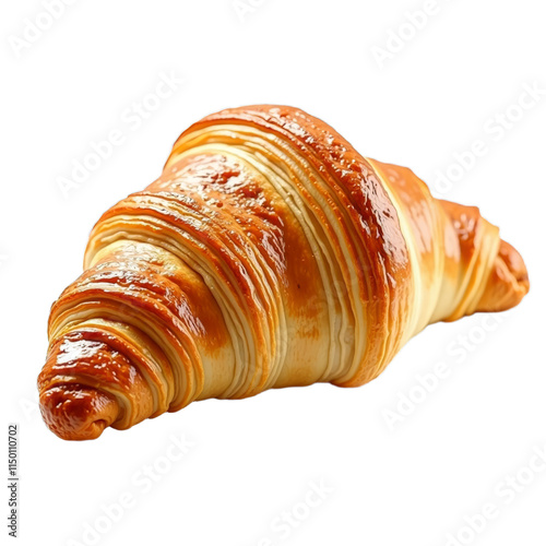 Large flaky croissant with shiny glaze on top, sitting against black background