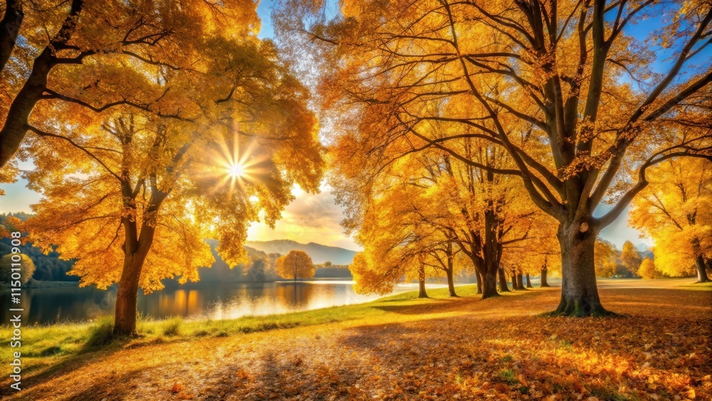 Fototapeta premium Golden Autumn Landscape with Sun Rays Filtering Through Trees and Reflecting on a Calm Lake
