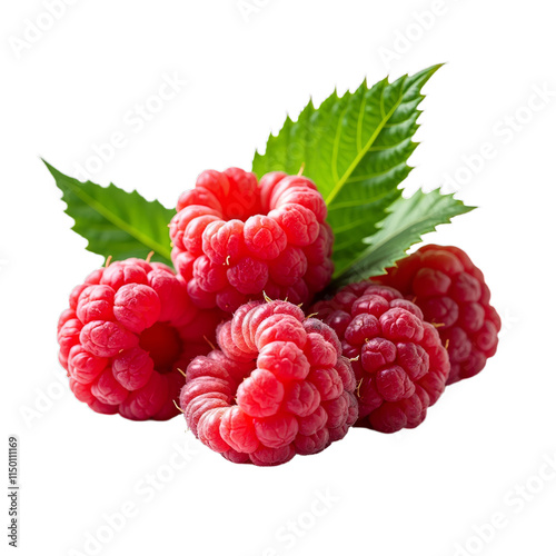 Ripe red raspberries with green leaves