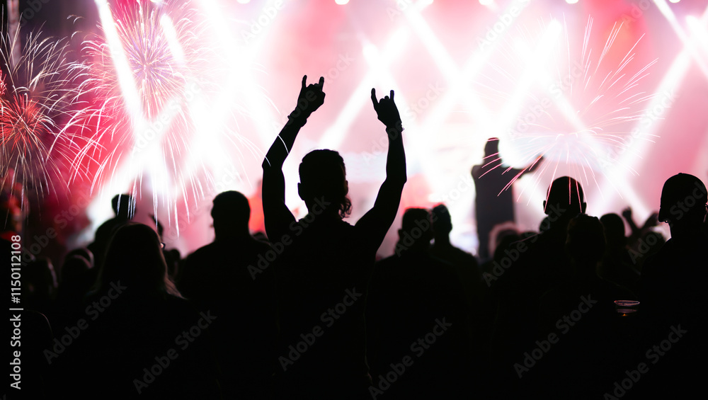 New Year concept - cheering crowd and fireworks New Year concept - cheering crowd and fireworks