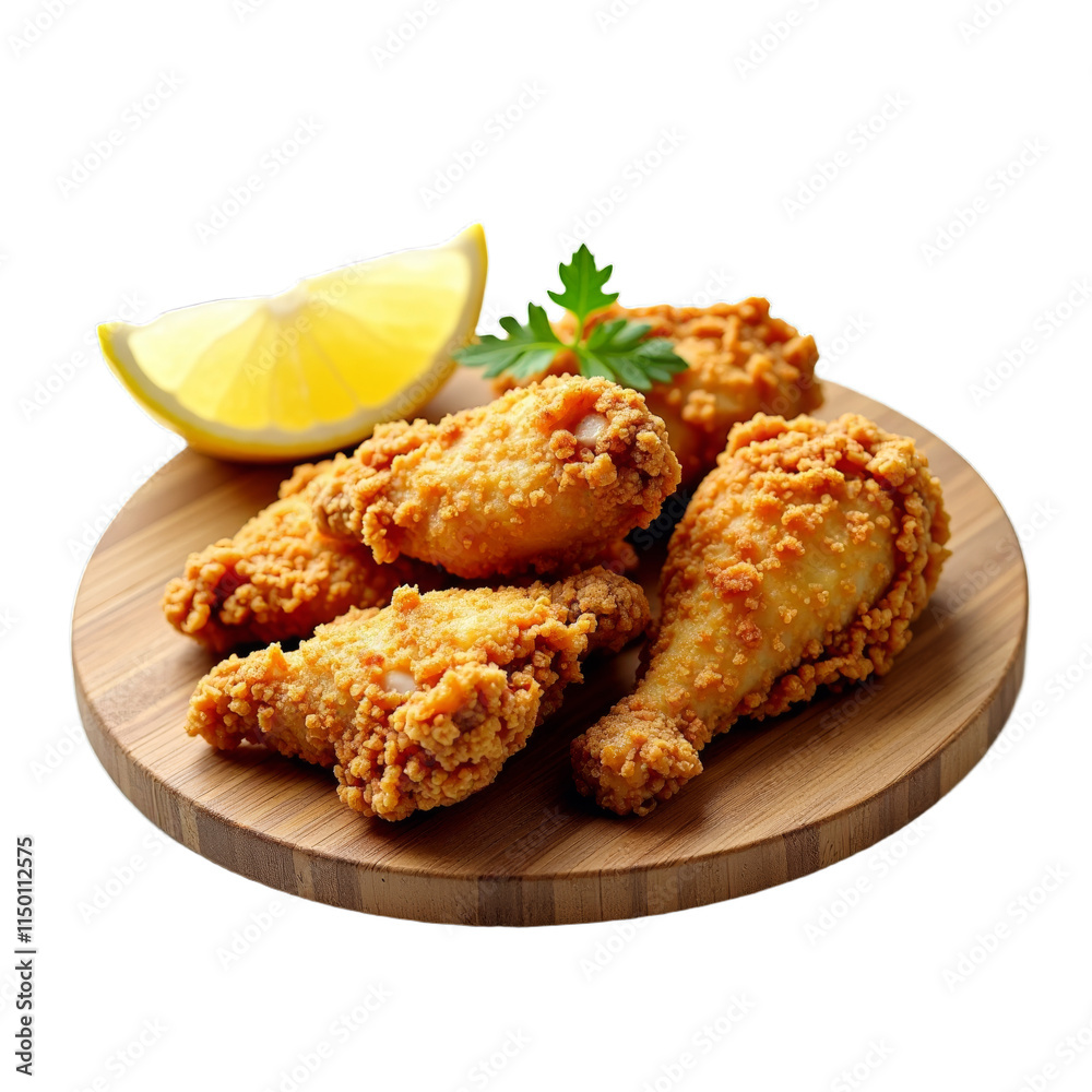 Delicious goldenbrown fried chicken with lemon wedge on side Delicious goldenbrown fried chicken with lemon wedge on side