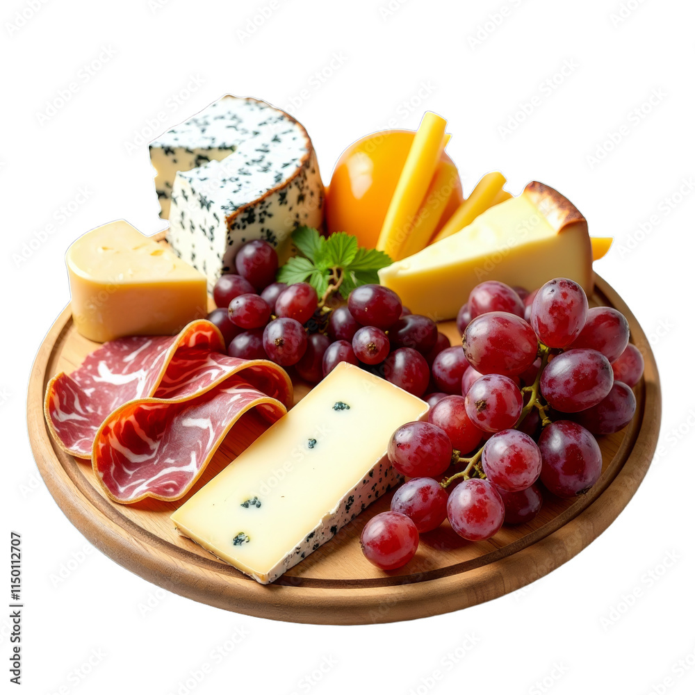 Assorted cheese and grapes on wooden platter Assorted cheese and grapes on wooden platter