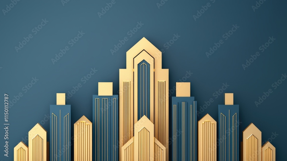 Fototapeta premium A modern geometric design featuring golden and blue elements resembling stylized skyscrapers against a dark blue background.