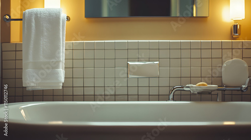 A modern bathroom with glossy tiles a deep soaking tub a towel rack and a ceramic soap dish. photo