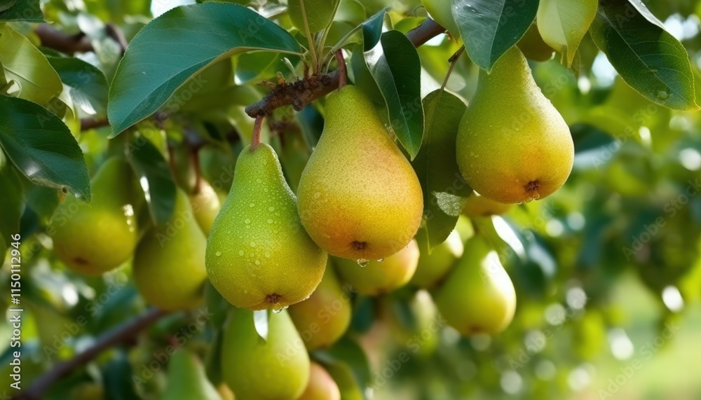Fresh Ripe Pears Hanging on a Tree Branch with Dew Drops Under Bright Daylight in a Lush Orchard Setting Fresh Ripe Pears Hanging on a Tree Branch with Dew Drops Under Bright Daylight in a Lush Orchard Setting