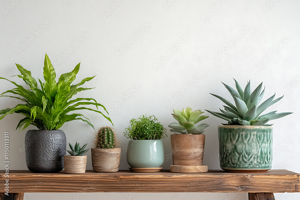 Beautiful Potted Plants Arrangement on Wooden Shelf Beautiful Potted Plants Arrangement on Wooden Shelf