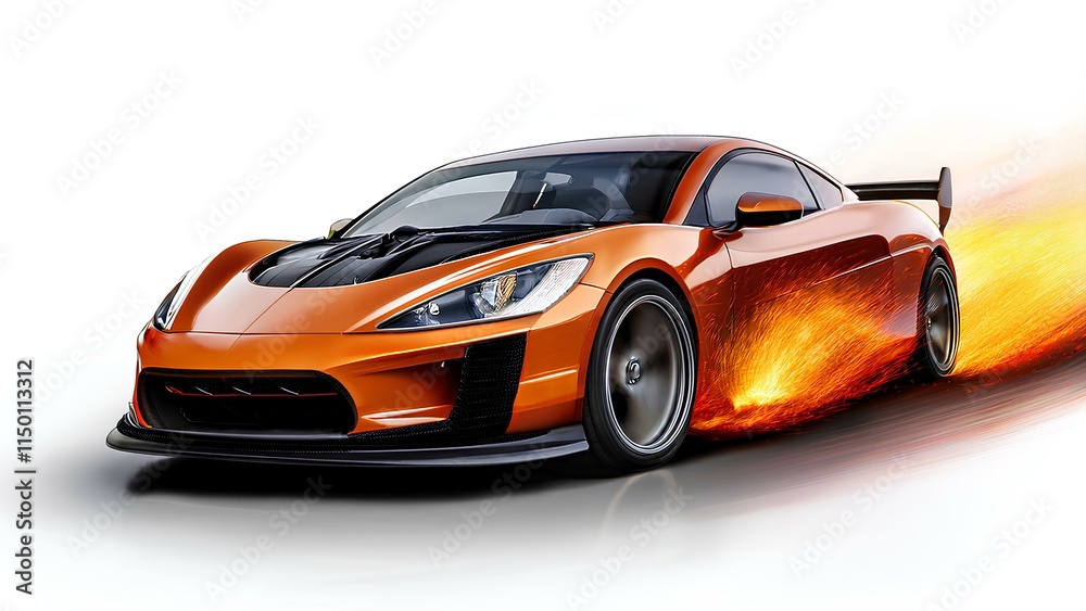 Sports car with burning and sparkling wheels. High-speed car on fire from speed, on white background. Sports car with burning and sparkling wheels. High-speed car on fire from speed, on white background.