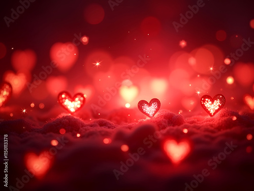 A red sparkling bokeh valentine background with hearts in the snow