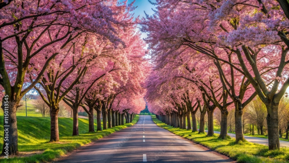 A picturesque road lined with blooming cherry trees, creating a vibrant canopy of pink blossoms and a breathtaking spectacle of springtime beauty. A picturesque road lined with blooming cherry trees, creating a vibrant canopy of pink blossoms and a breathtaking spectacle of springtime beauty.