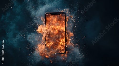 A smartphone adorned with blazing flames and swirling clouds of smoke, conveying the dramatic risks and dependencies of rapid technological advancements. photo