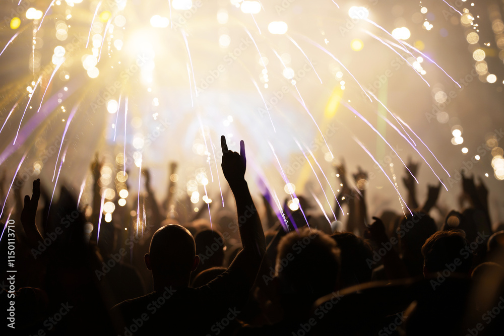 Fotografie New Year concept - cheering crowd and fireworks